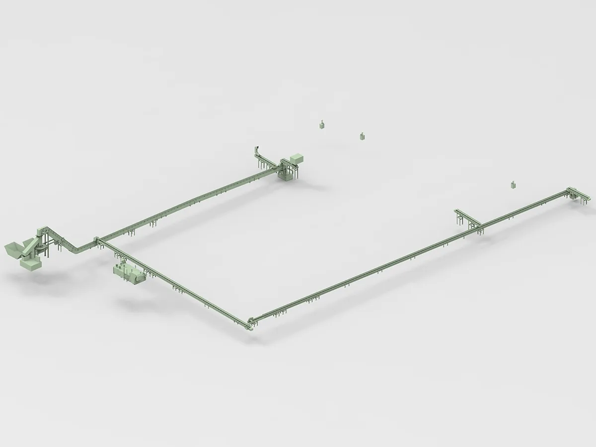 Centralized chip evacuation system for four machining centers with a combined chip briquetting system and distribution to containers