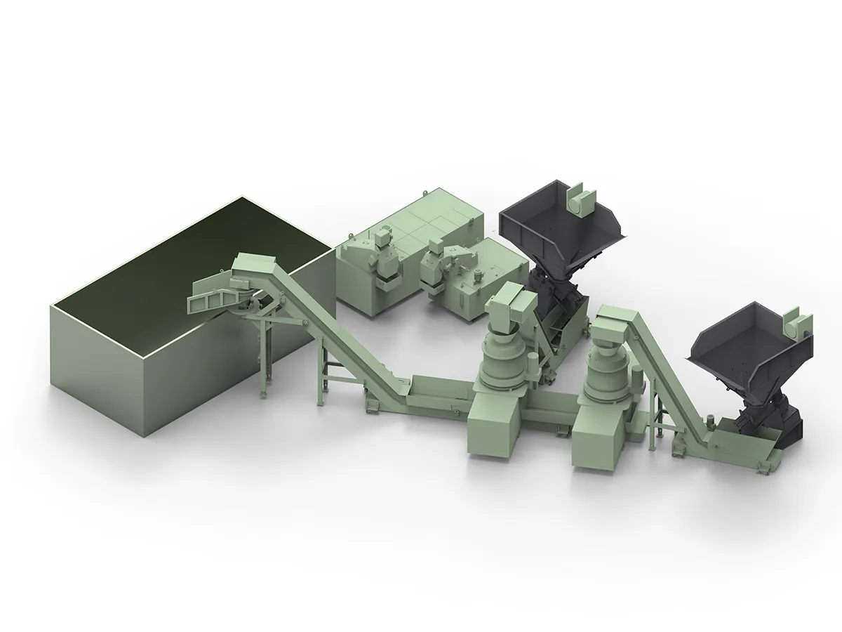 Centralized chip evacuation system with 2 shredding lines, 2 centrifugation lines, and a main collector with a distribution tray to a container