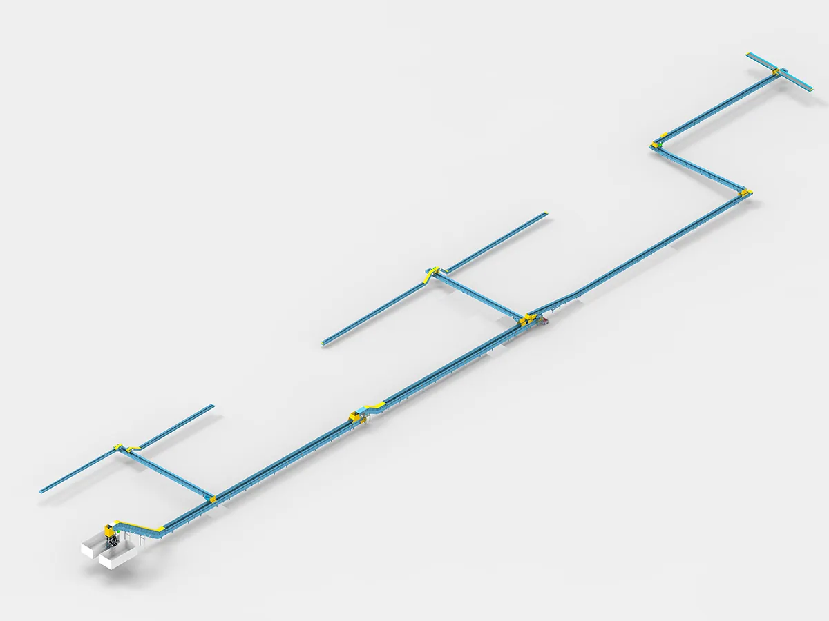 Centralized chip evacuation system for 8 machining centers with a distribution system to 2 containers