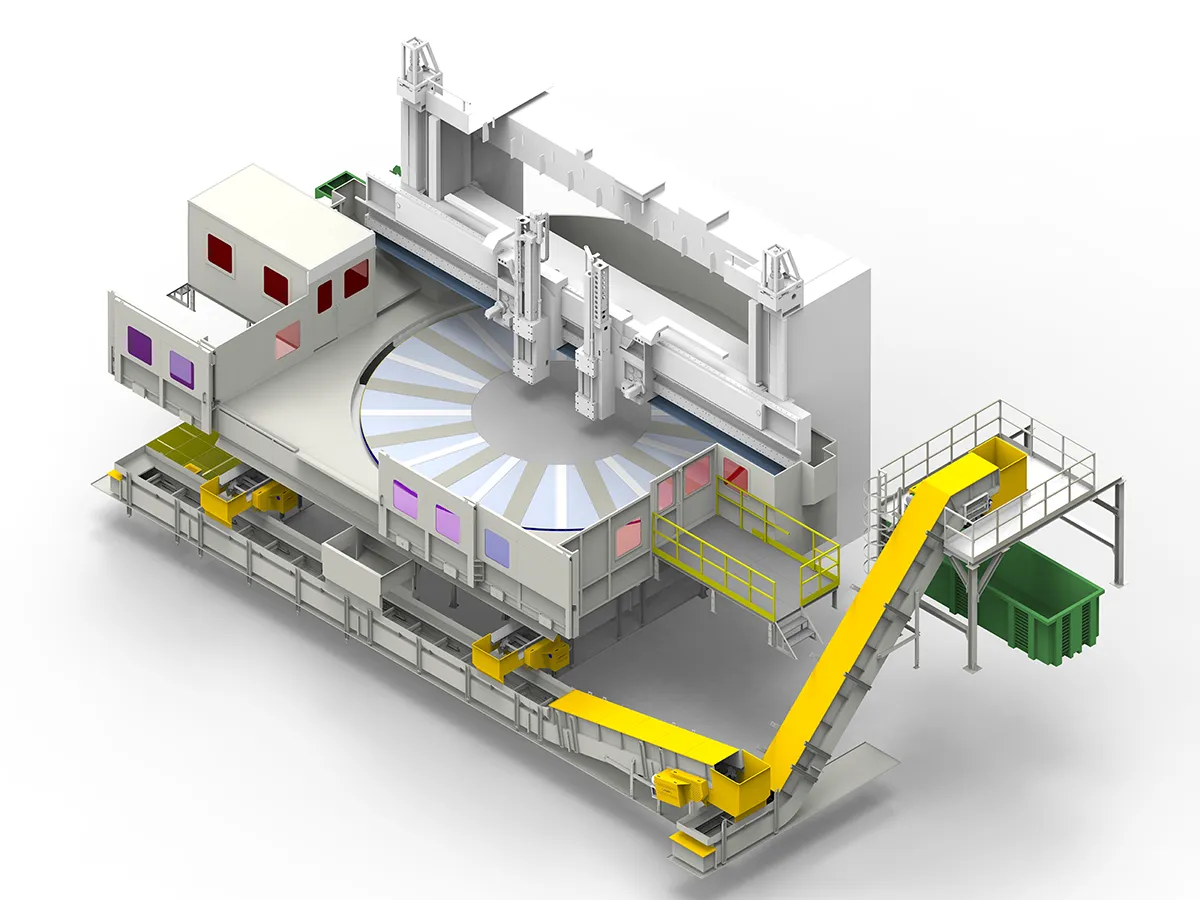 Chip evacuation system for a vertical lathe with distribution to a container.